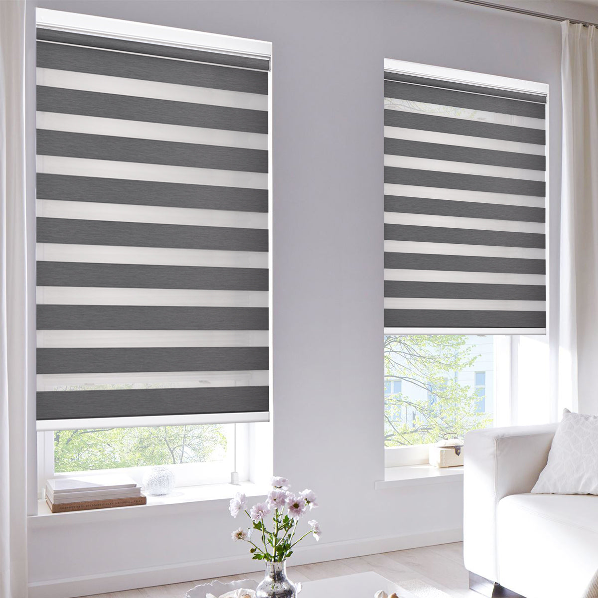 No-Drill Custom Zebra Blinds – Cordless, Dual-Layer, 80% Blackout Roller Shades