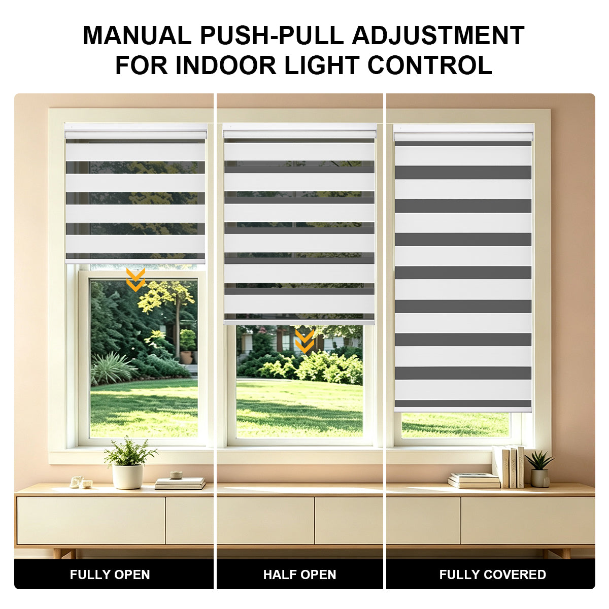 No Drill Cordless Blackout Zebra Shades – 98–100% Light Blocking, Custom Made to Measure