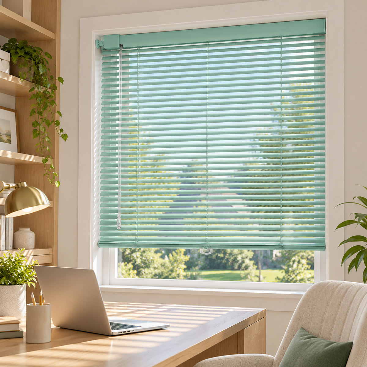 No-Drill Cordless Aluminum Venetian Blinds – Mint Green