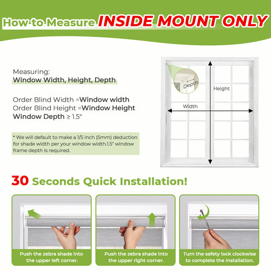 Customize No Drill Zebra Blinds No Tools Zebra Shades Cordless Roller Shades for Windows Dual Layer Roller Blinds Room Darkening Custom Size for Indoor, 80% Blackout