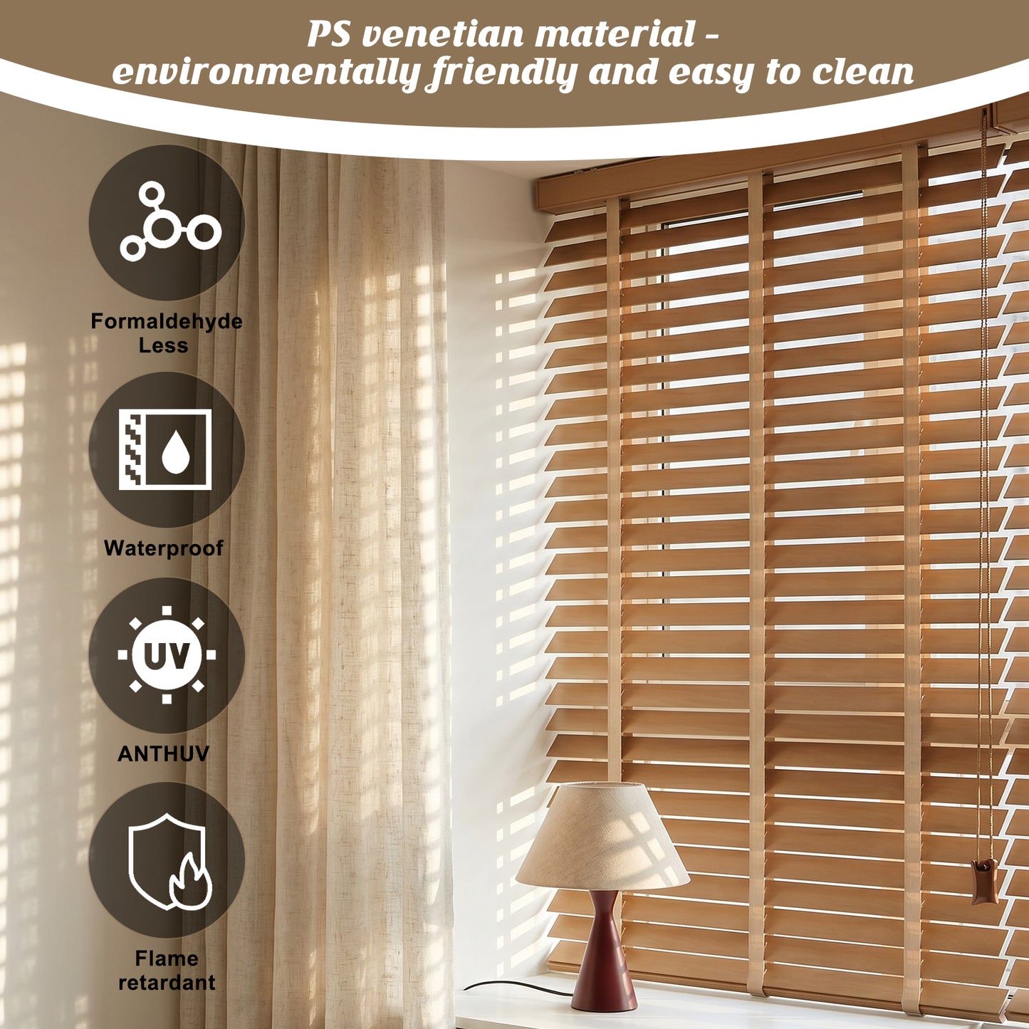 Easy Install Corded Waterproof Wood Blinds With String For Bathroom Kitchen Room - Custom Size