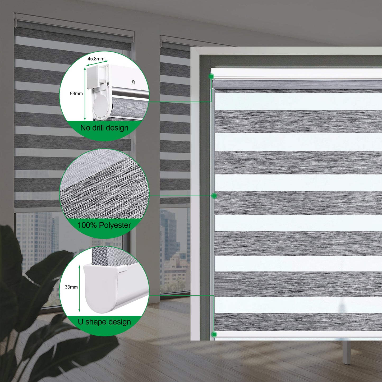 Tenda Zebra Senza Attrezzi e Senza Fori, Tende Filtra Luce Oscuranti per Ufficio, Facile Funzionamento a Spinta e Tiro