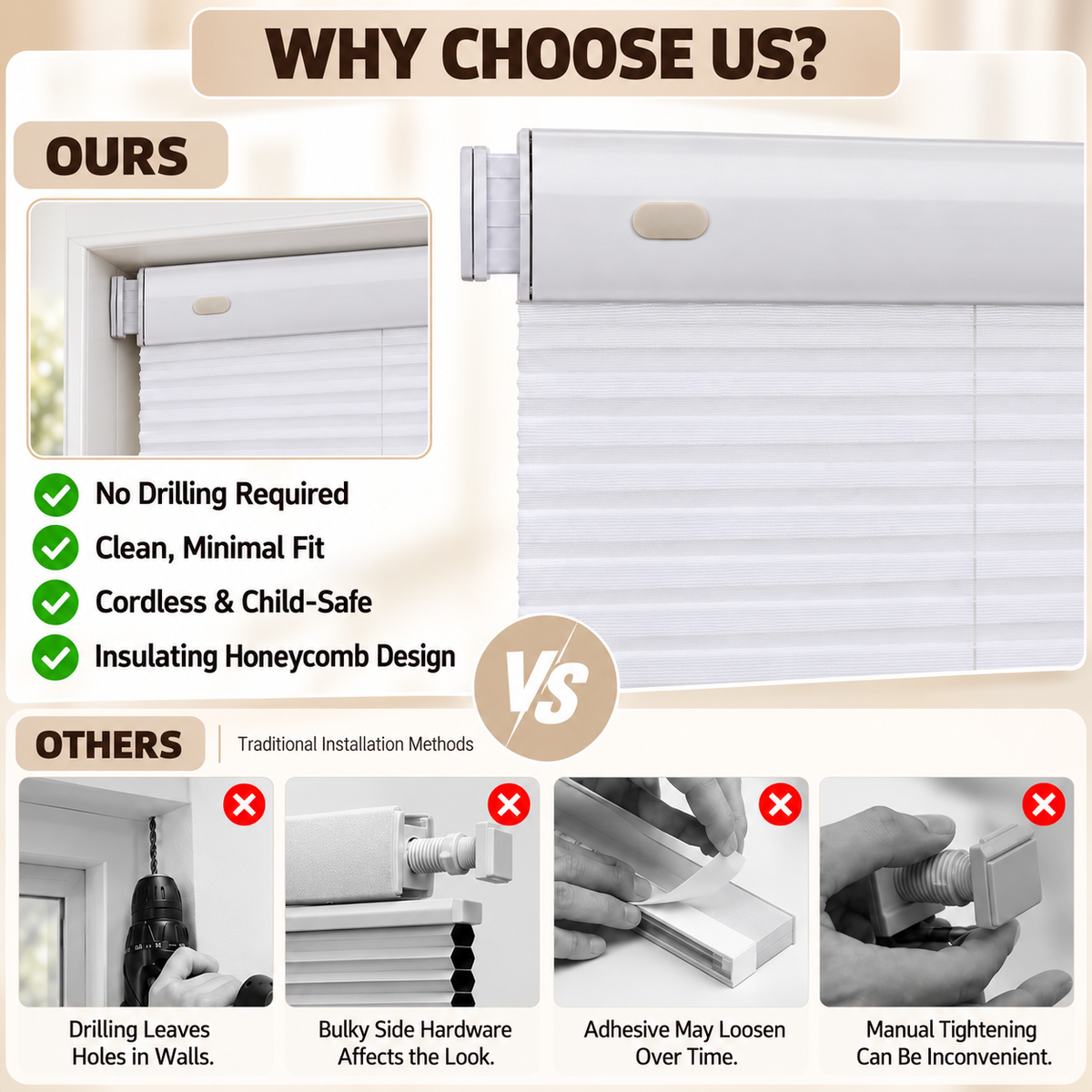 Custom No-Drill Cordless Sheer Cellular Shades – 25mm Honeycomb Blinds
