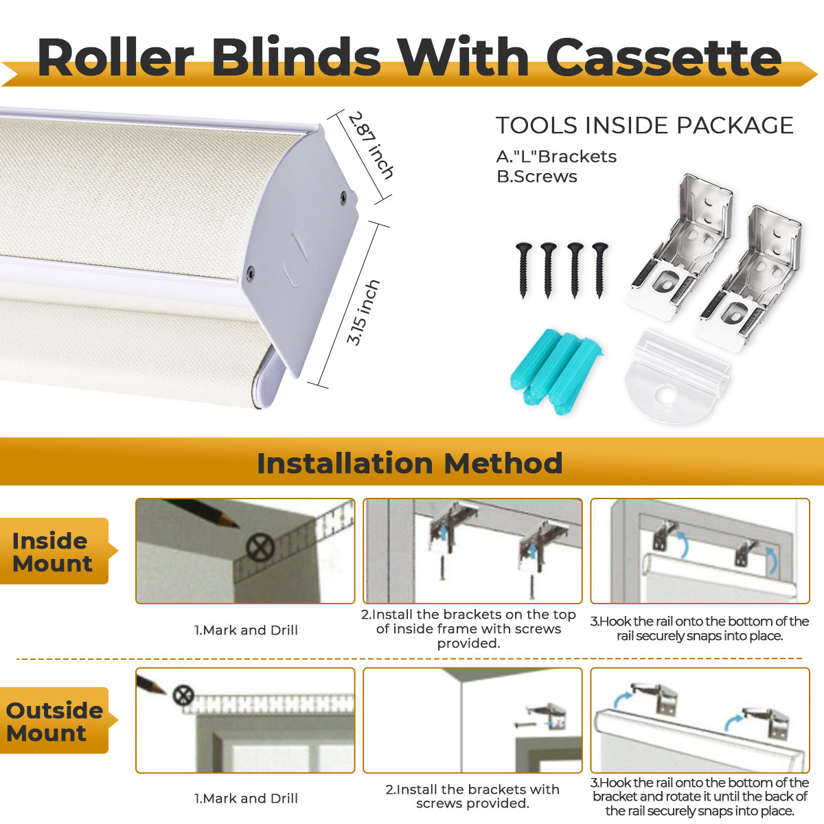 Smart Motorized Blinds with Remote, Cordless Automatic Roller Shades, Blackout Electric Blind Drilled Cassette for Windows