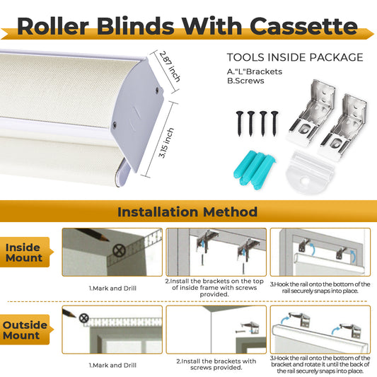 Smart Motorized Blinds with Remote, Cordless Automatic Roller Shades, Blackout Electric Blind Drilled Cassette for Windows