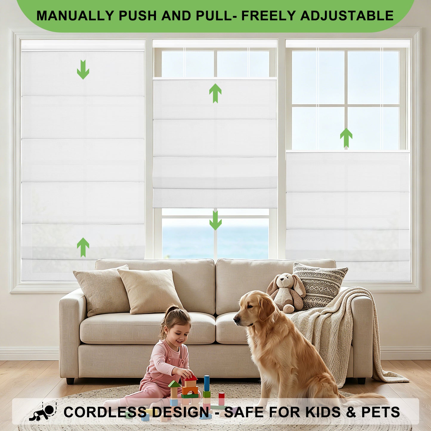 Drill-Free Cordless Roman Shade – Light Filtering Privacy Top Down Bottom Up