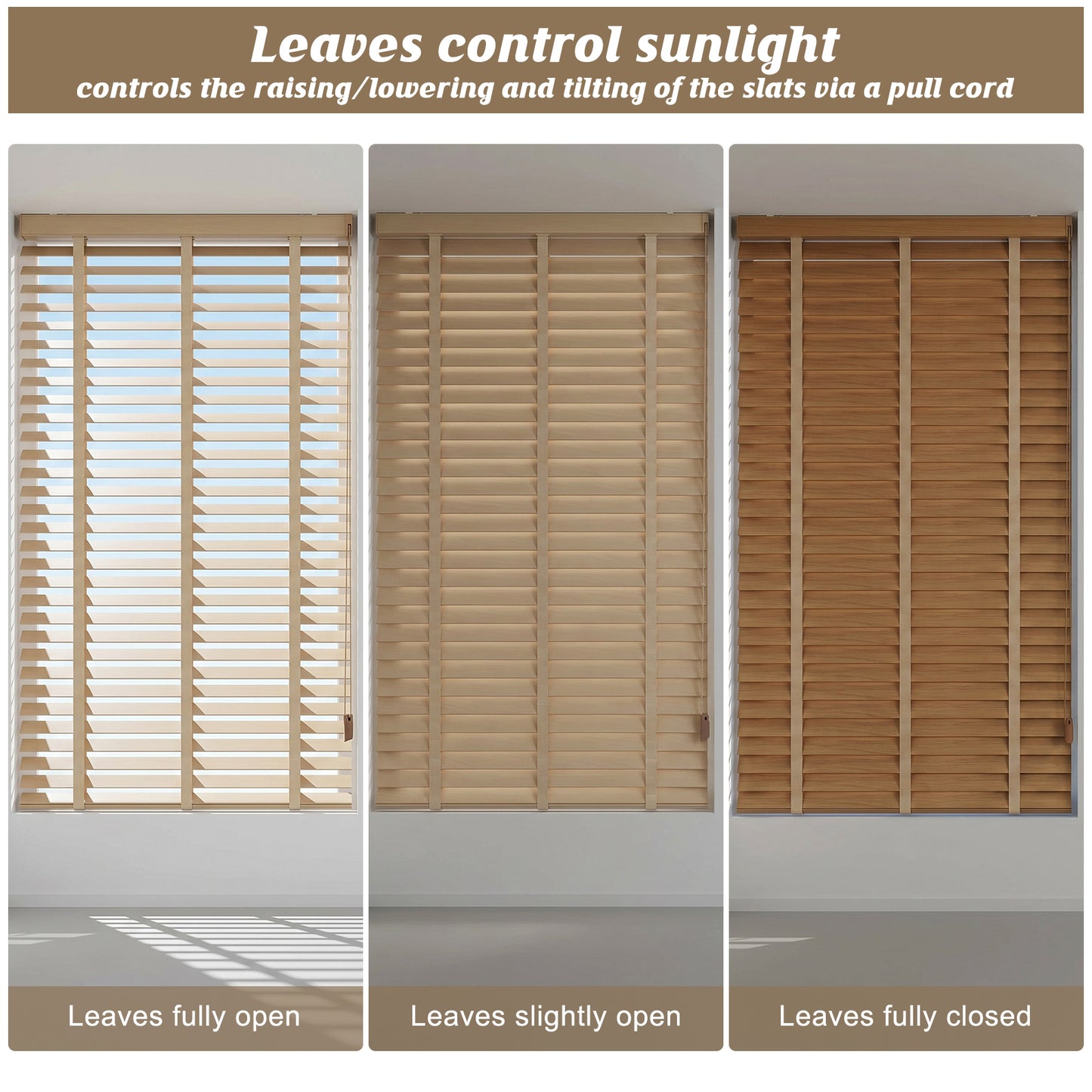 Easy Install Corded Waterproof Wood Blinds With String For Bathroom Kitchen Room - Custom Size