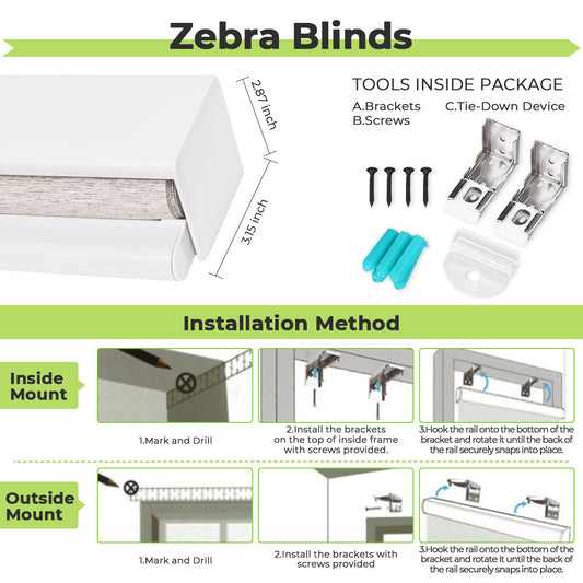 Cordless Zebra Blinds for Windows Pull Down Roller Window Shades Dual Layer Light Filtering Privacy for Day and Night, Free-Stop Door Shades for Home Easy to Install