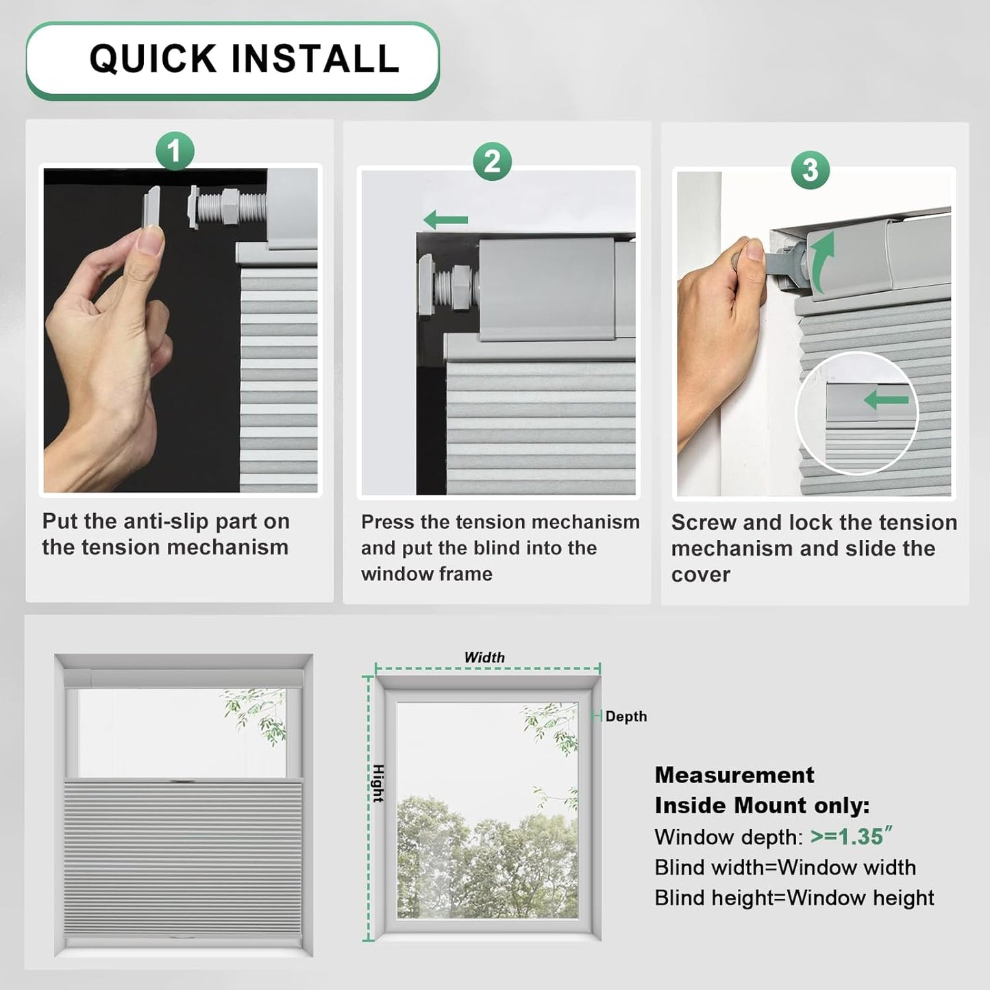 No Tools No Drill Top Down Bottom Up Cellular Shades for Windows, Blackout Fabric, Cordless Honeycomb Indoor Window Blinds, Thermal Insulated Noise Reduction，Custom Size