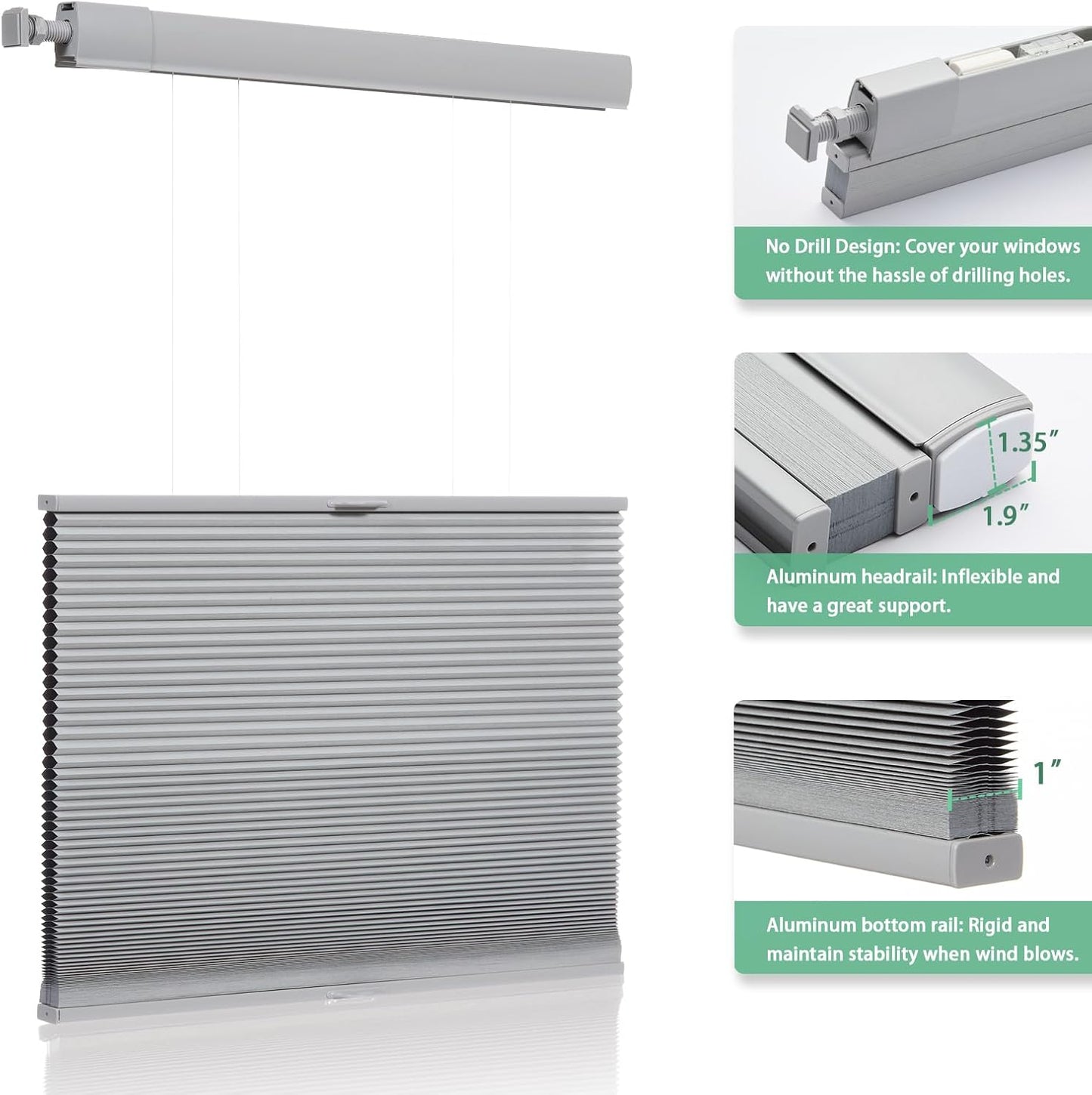 No Tools No Drill Top Down Bottom Up Cellular Shades for Windows, Blackout Fabric, Cordless Honeycomb Indoor Window Blinds, Thermal Insulated Noise Reduction，Custom Size