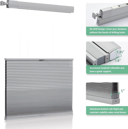 No Tools No Drill Top Down Bottom Up Cellular Shades for Windows, Blackout Fabric, Cordless Honeycomb Indoor Window Blinds, Thermal Insulated Noise Reduction，Custom Size