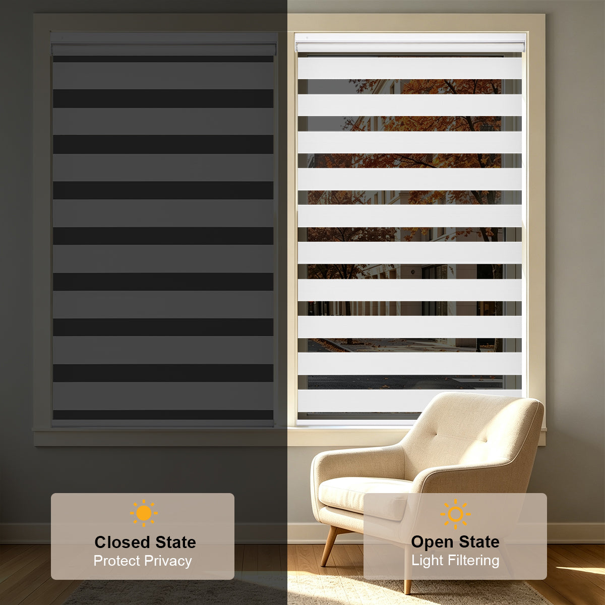 No Drill Cordless Blackout Zebra Shades – 98–100% Light Blocking, Custom Made to Measure