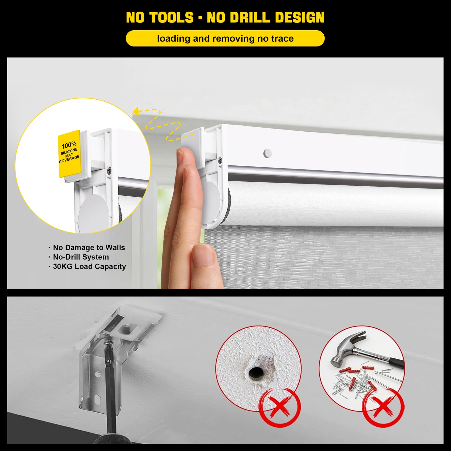 30 Seconds Quick-Fit No Drilling Cordless Push-Pull 100% Blackout Roller Shade