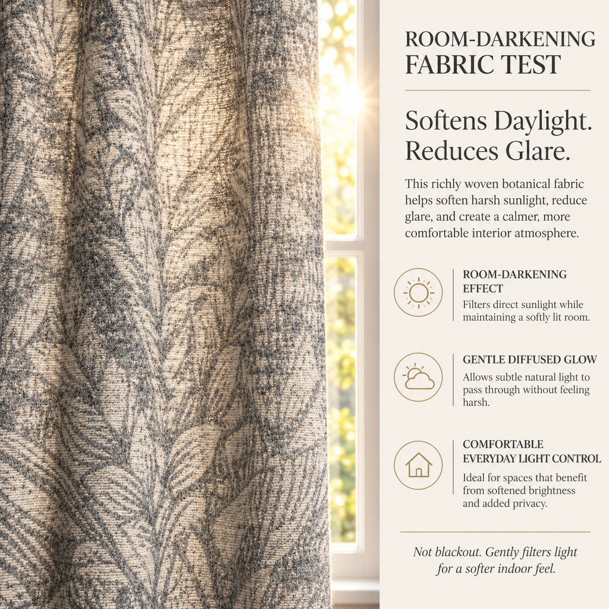 Custom Gray Botanical Wool-Blend Room Darkening Grommet Curtains – 2 Panels