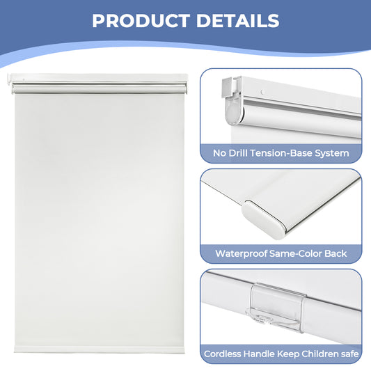 No Drill Cordless Roller Shades No Tools 100% Blackout Roller Windows Blinds Waterproof Fabric Privacy Blinds Thermal Insulated Tension Shades for Home Office