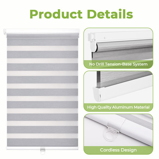 Customize No Drill Zebra Blinds No Tools Zebra Shades Cordless Roller Shades for Windows Dual Layer Roller Blinds Room Darkening Custom Size for Indoor, 80% Blackout