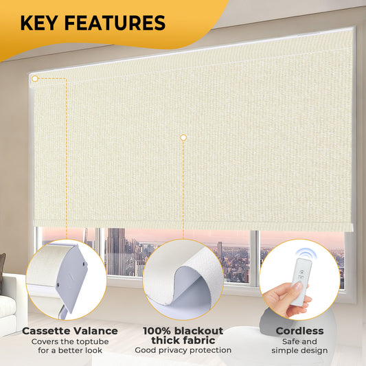 Smart Motorized Blinds with Remote, Cordless Automatic Roller Shades, Blackout Electric Blind Drilled Cassette for Windows