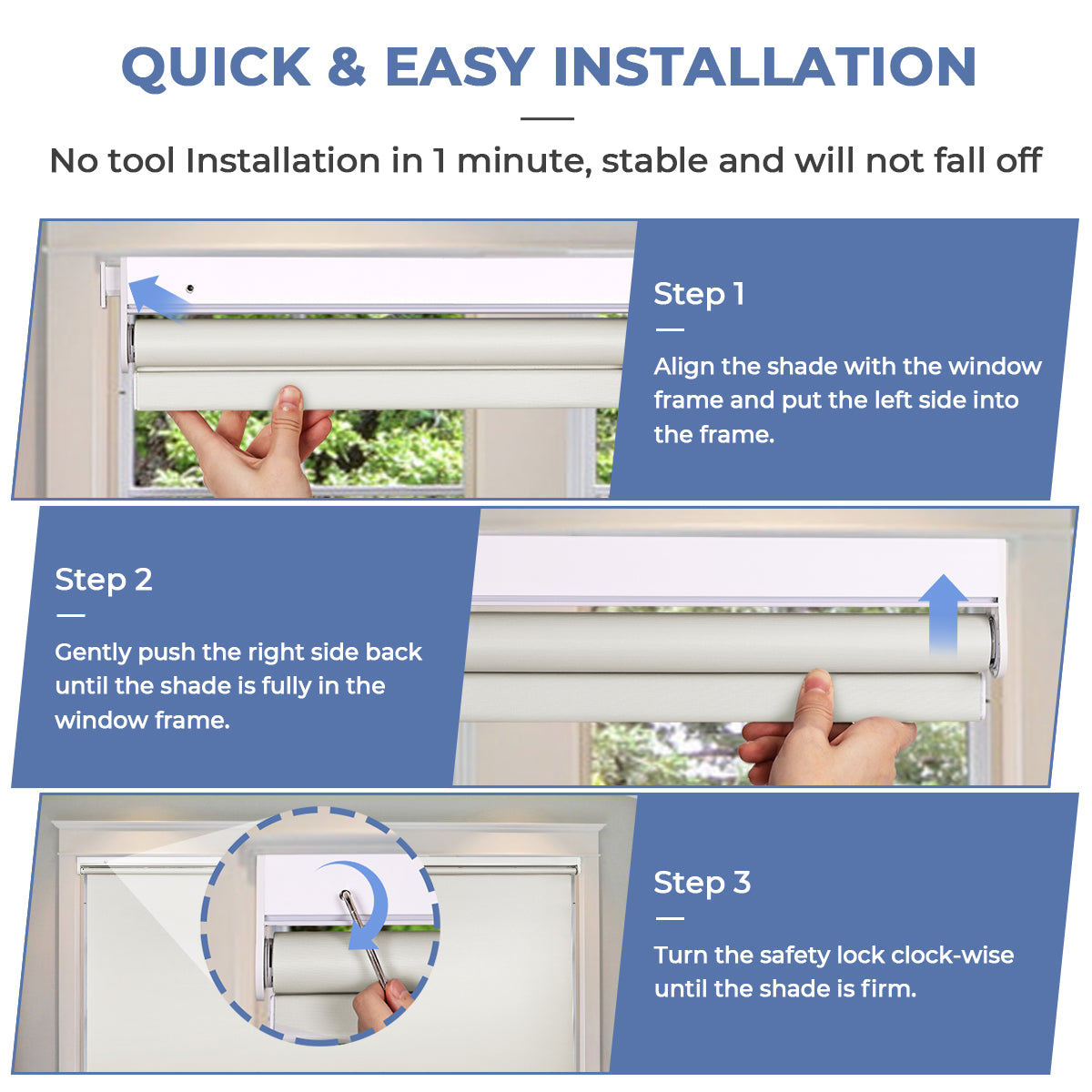 No Drill Cordless Roller Shades No Tools 100% Blackout Roller Windows Blinds Waterproof Fabric Privacy Blinds Thermal Insulated Tension Shades for Home Office