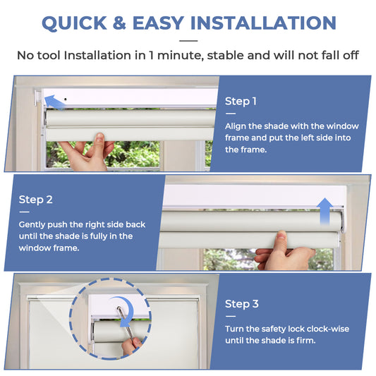 No Drill Cordless Roller Shades No Tools 100% Blackout Roller Windows Blinds Waterproof Fabric Privacy Blinds Thermal Insulated Tension Shades for Home Office