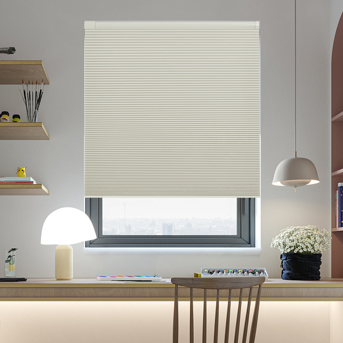 Beige no drill cordless cellular shades, custom blackout honeycomb blinds for study room windows