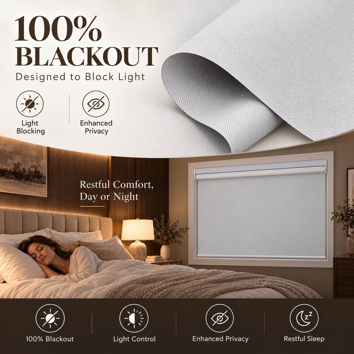 No-Drill Cordless Blackout Roller Shades – Fire-Retardant Custom Window Blinds