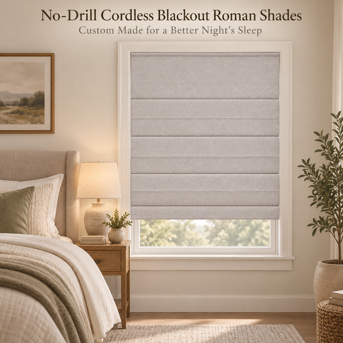 Custom No Drill Cordless Blackout Roman Shades – Thermal Comfort