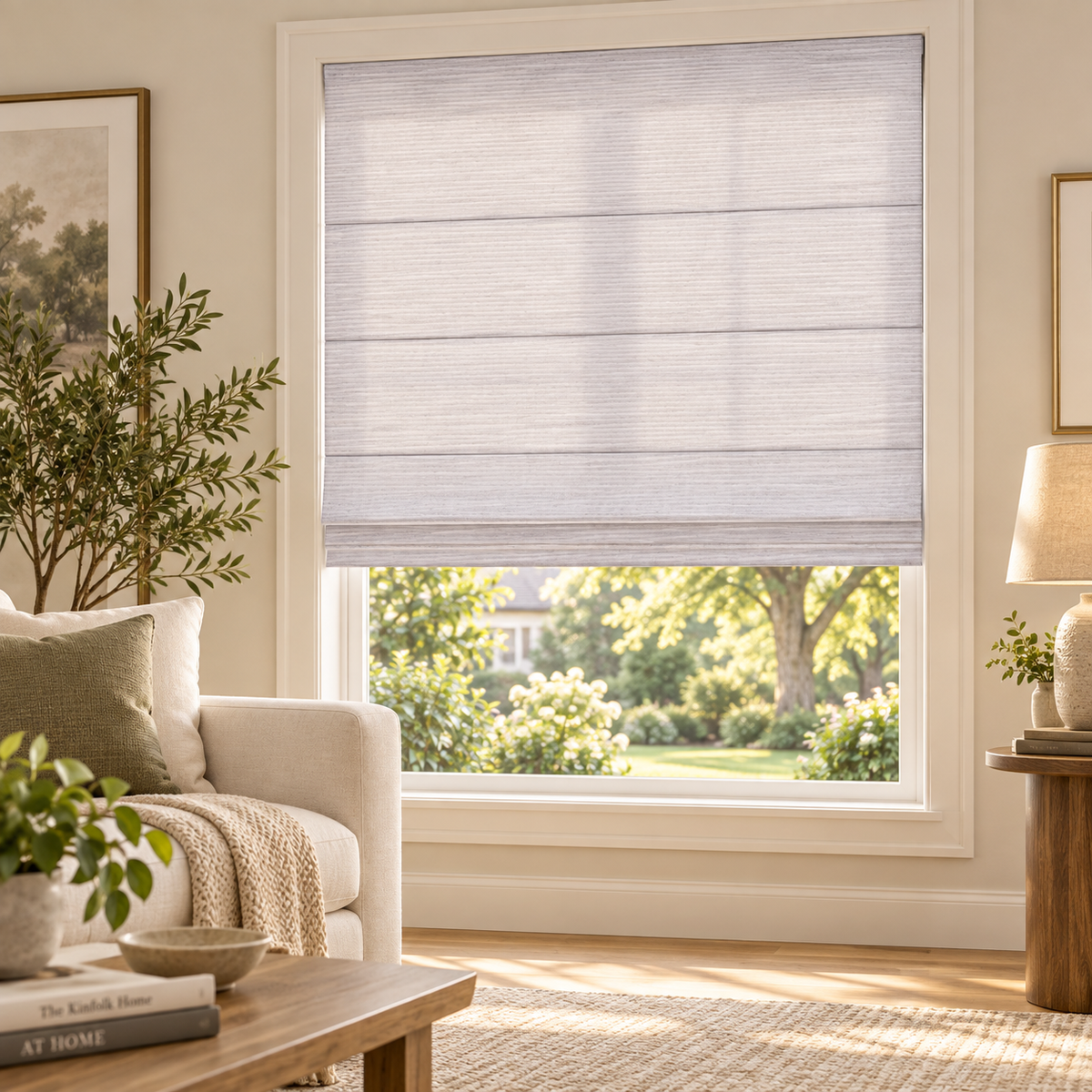 Custom No Drill Cordless Light Filtering Roman Shades – Soft Natural Light