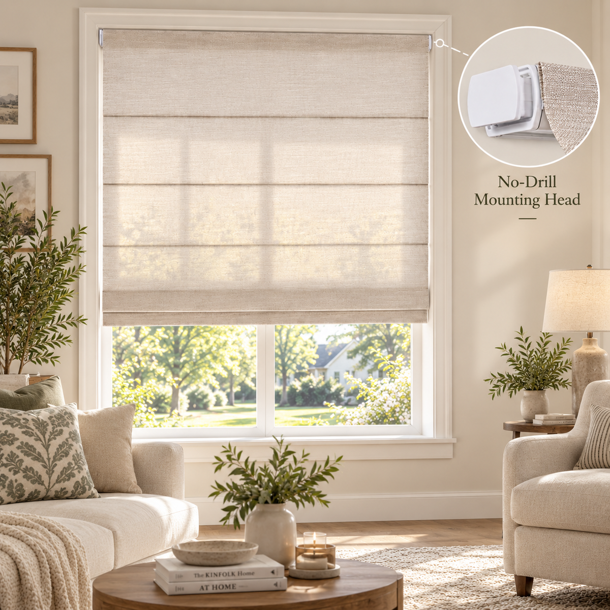 No Drill Cordless Light Filtering Roman Shades – Custom Window Blinds