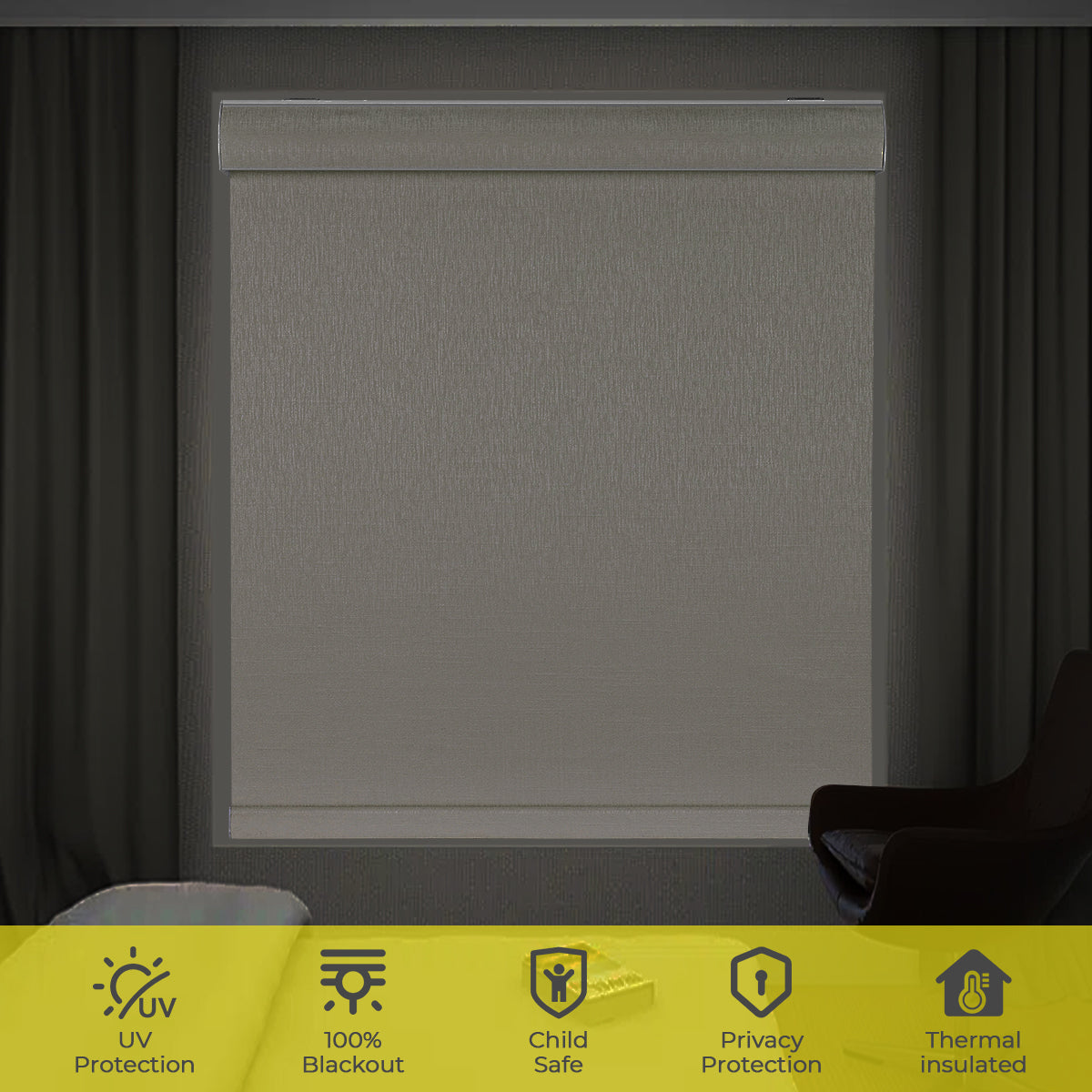 Custom cordless cassette blackout roller shades with 100% light blocking, thermal insulation, UV protection, noise reduction, and a sleek cordless design for modern windows.