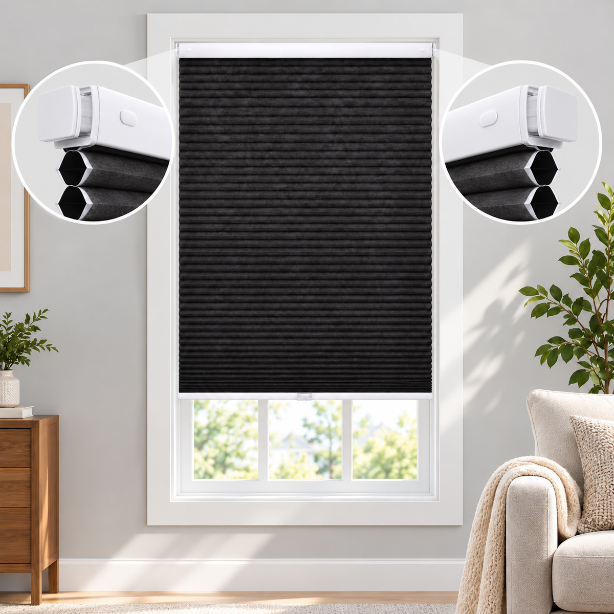 45mm No-Drill Dual-End Spring Cordless Blackout Honeycomb Blinds
