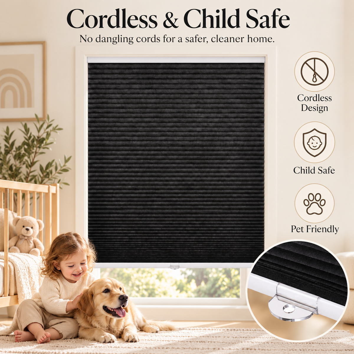 45mm No-Drill Dual-End Spring Cordless Blackout Honeycomb Blinds