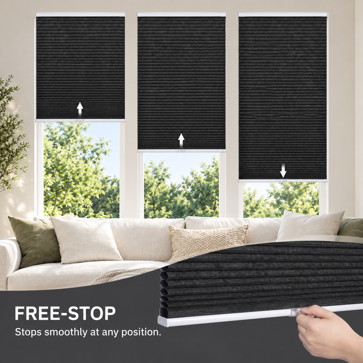 45mm No-Drill Dual-End Spring Cordless Blackout Honeycomb Blinds
