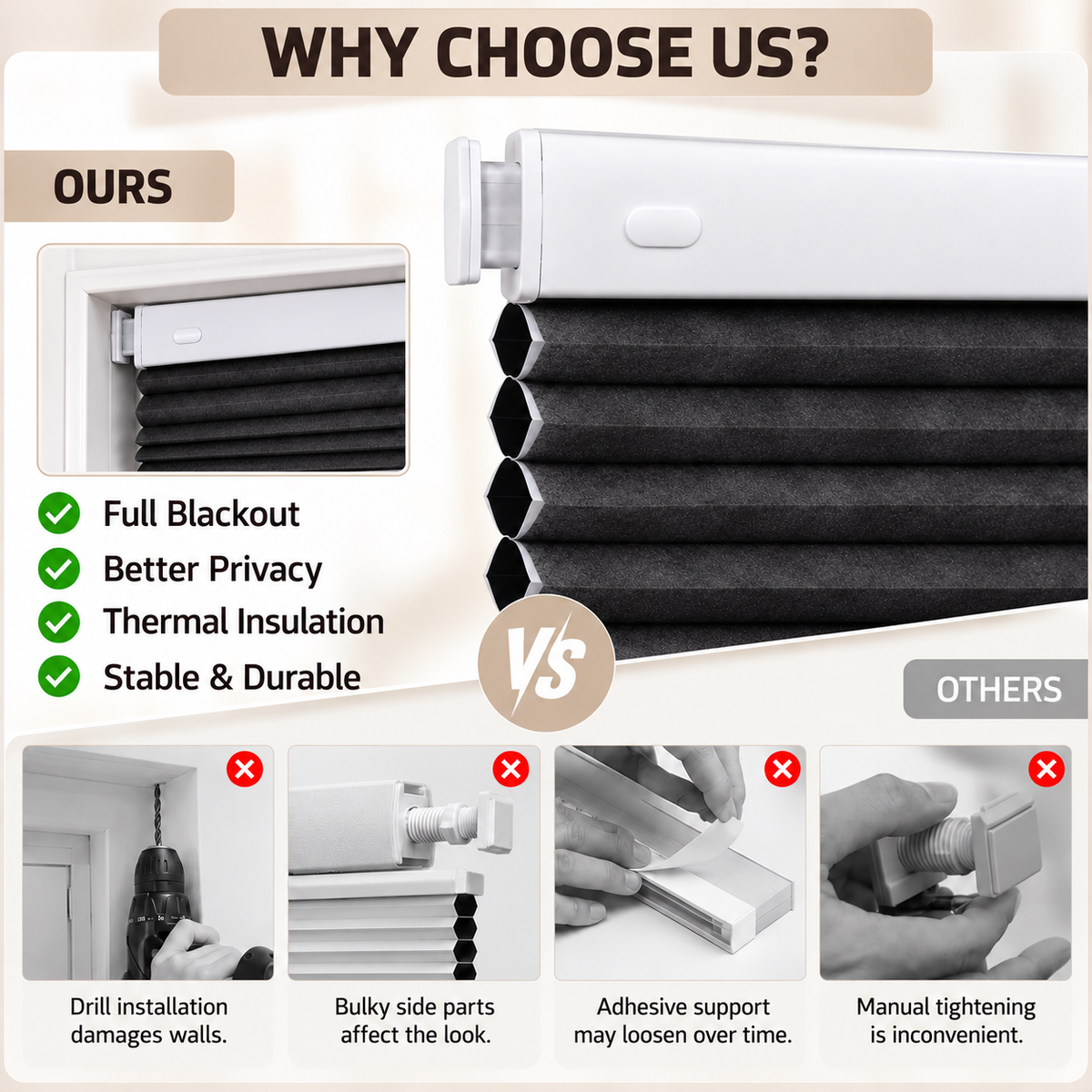45mm No-Drill Dual-End Spring Cordless Blackout Honeycomb Blinds