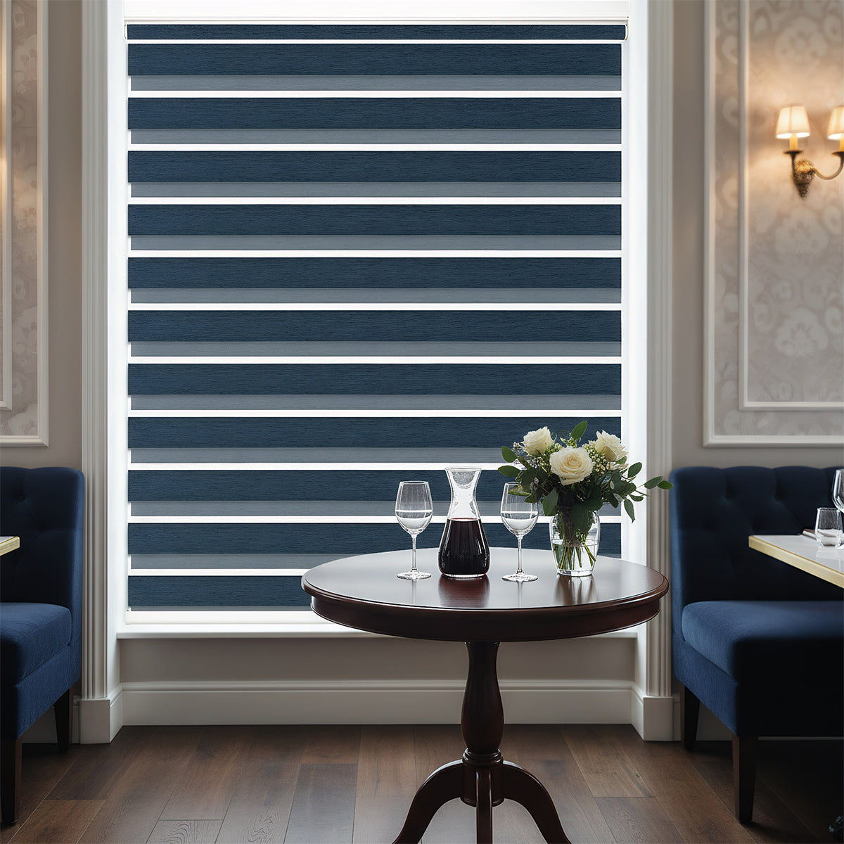 No-drill cordless zebra blind fully closed in living room for privacy and light blocking