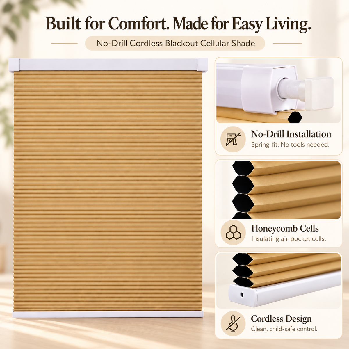 Custom No Drill Cordless Light Filtering Cellular Shades with Dual-Head Design
