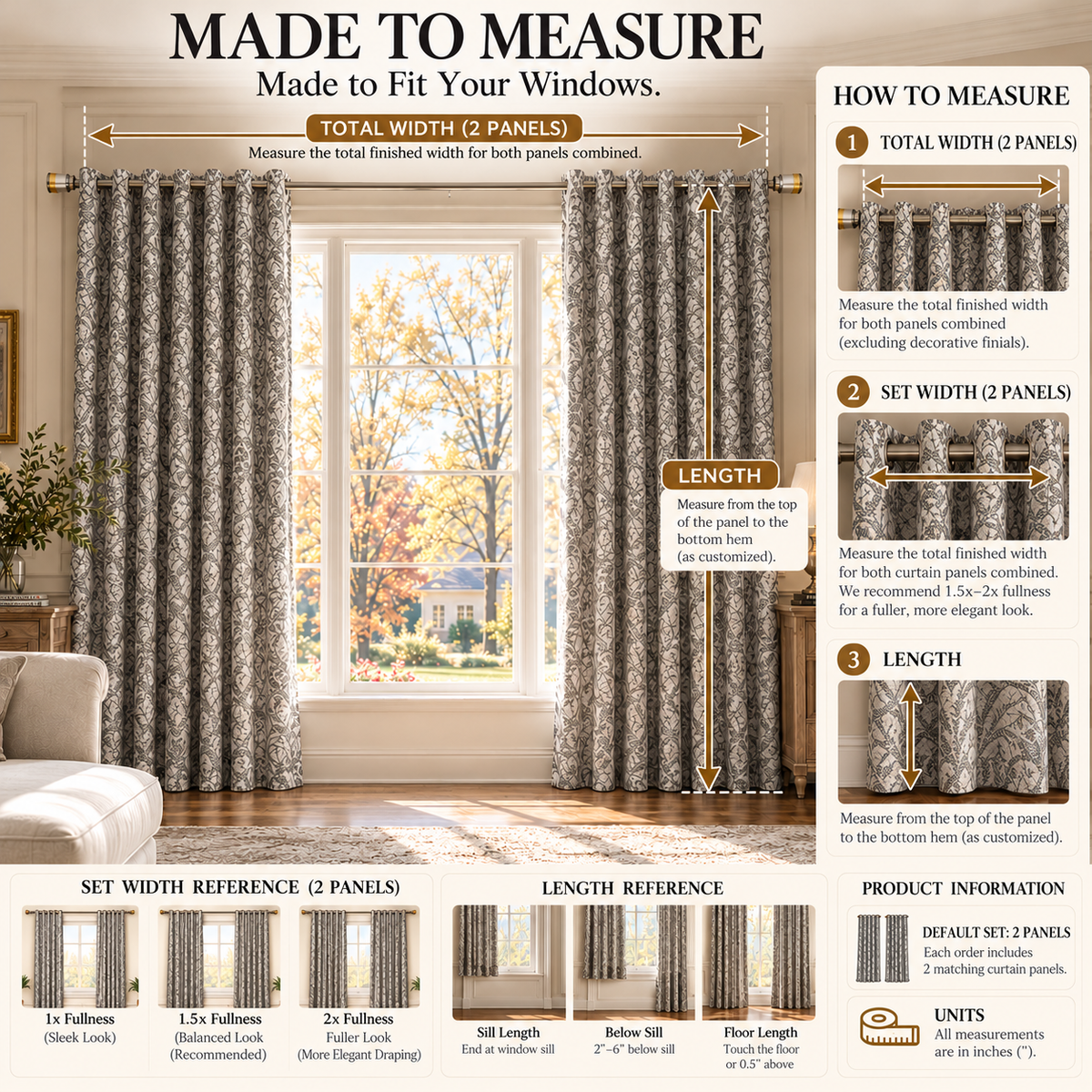 Custom Gray Botanical Wool-Blend Room Darkening Grommet Curtains – 2 Panels