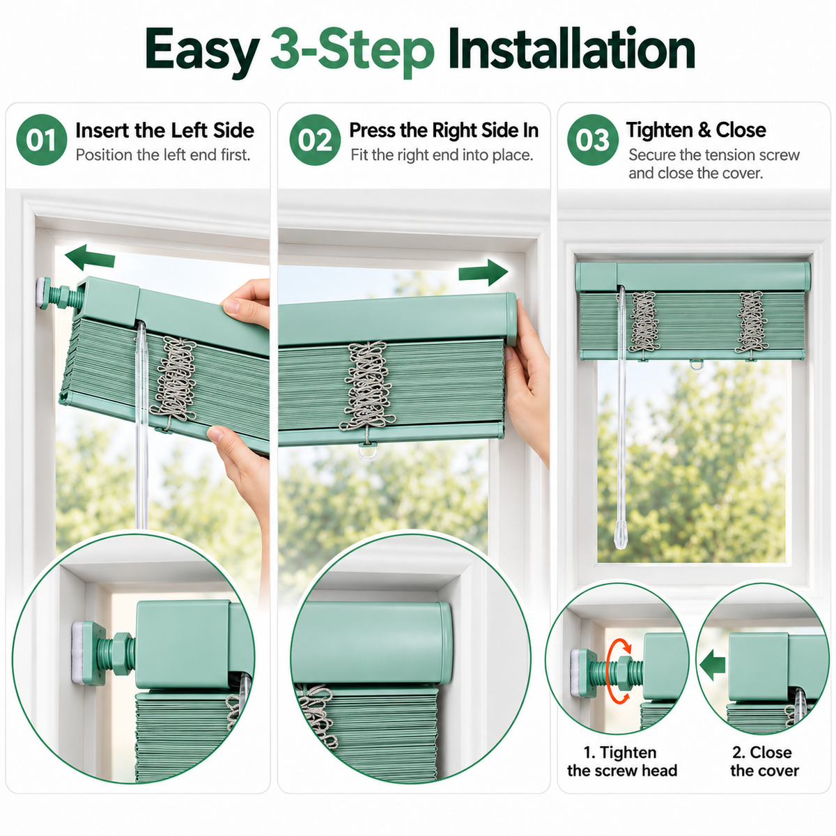 No-Drill Cordless Aluminum Venetian Blinds – Mint Green
