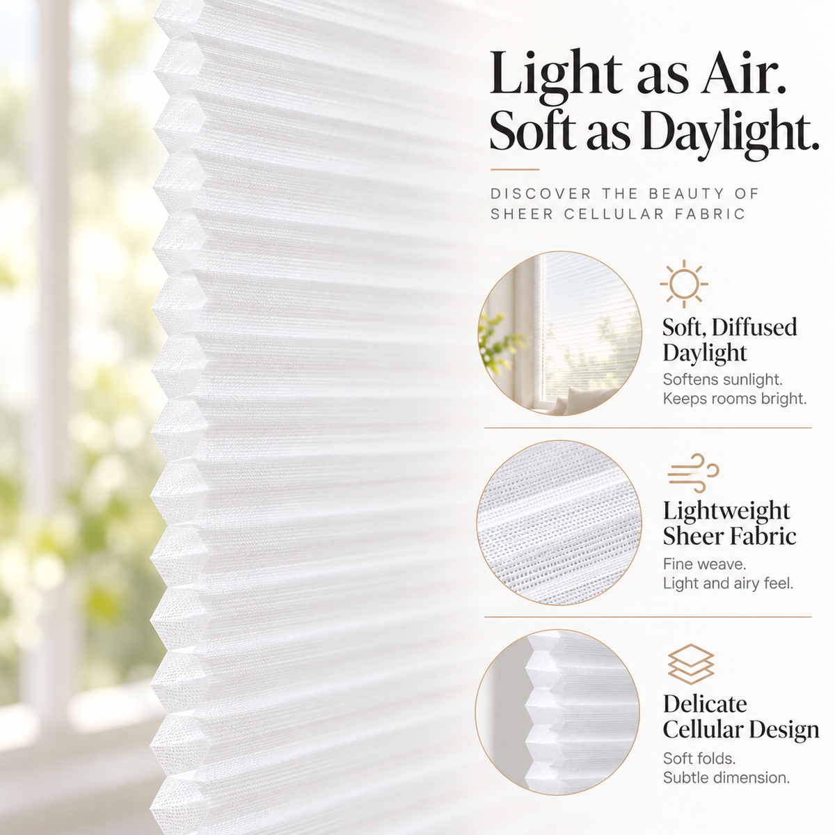 Custom No-Drill Cordless Sheer Cellular Shades – 25mm Honeycomb Blinds