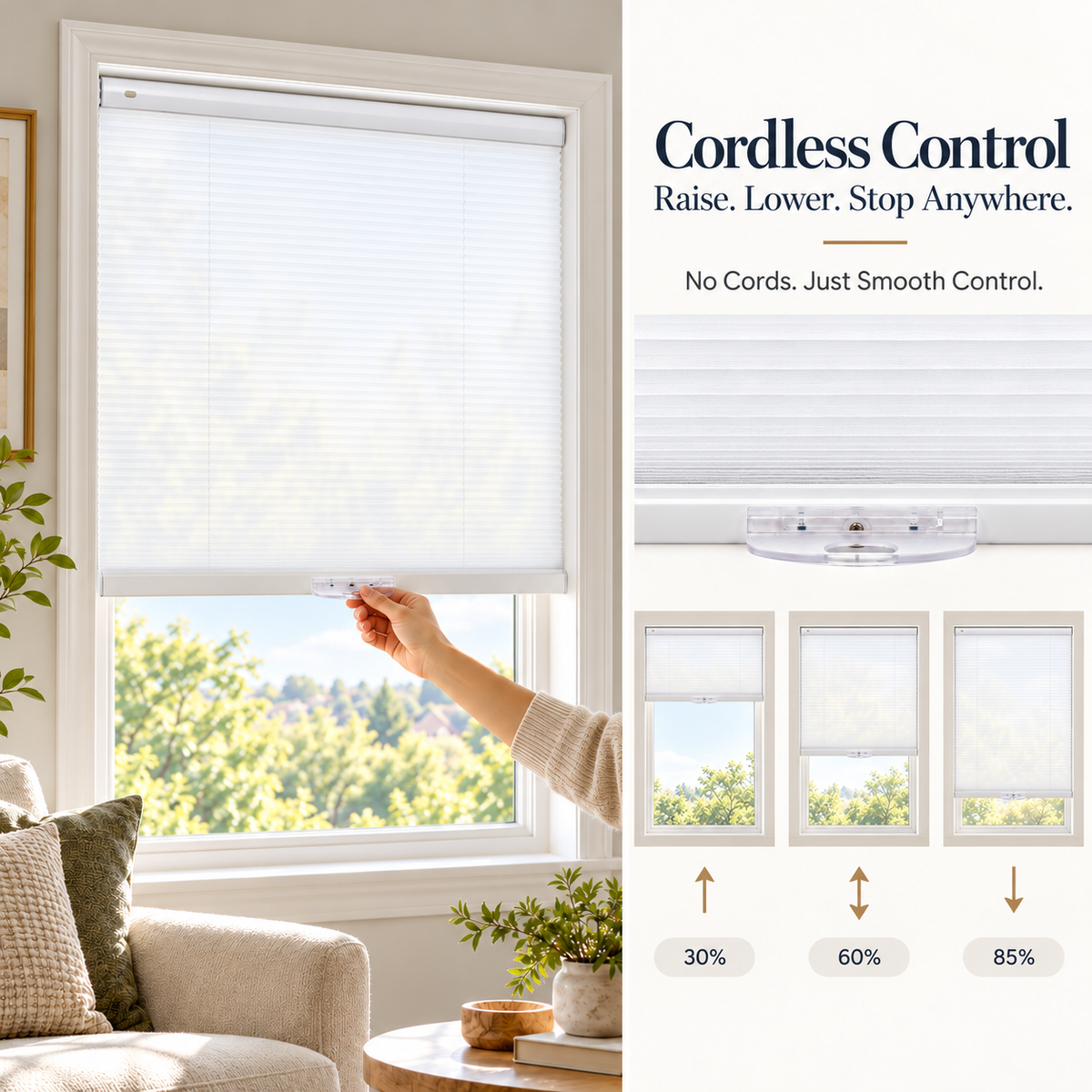Custom No-Drill Cordless Sheer Cellular Shades – 25mm Honeycomb Blinds