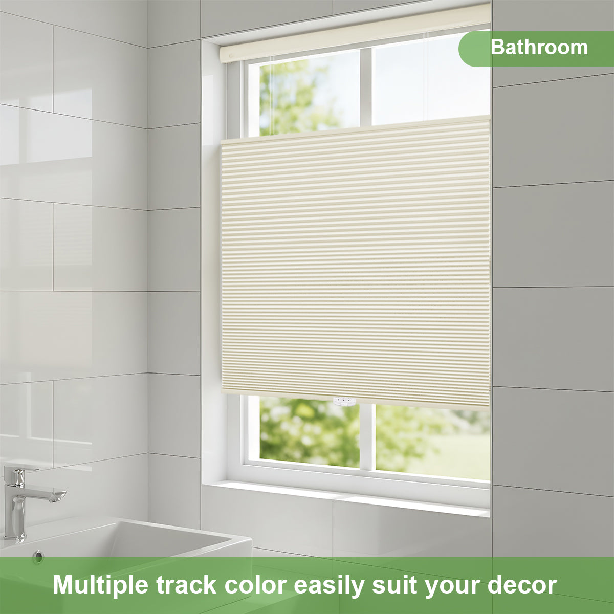 Bathroom with blackout top down bottom up honeycomb shades allowing natural light