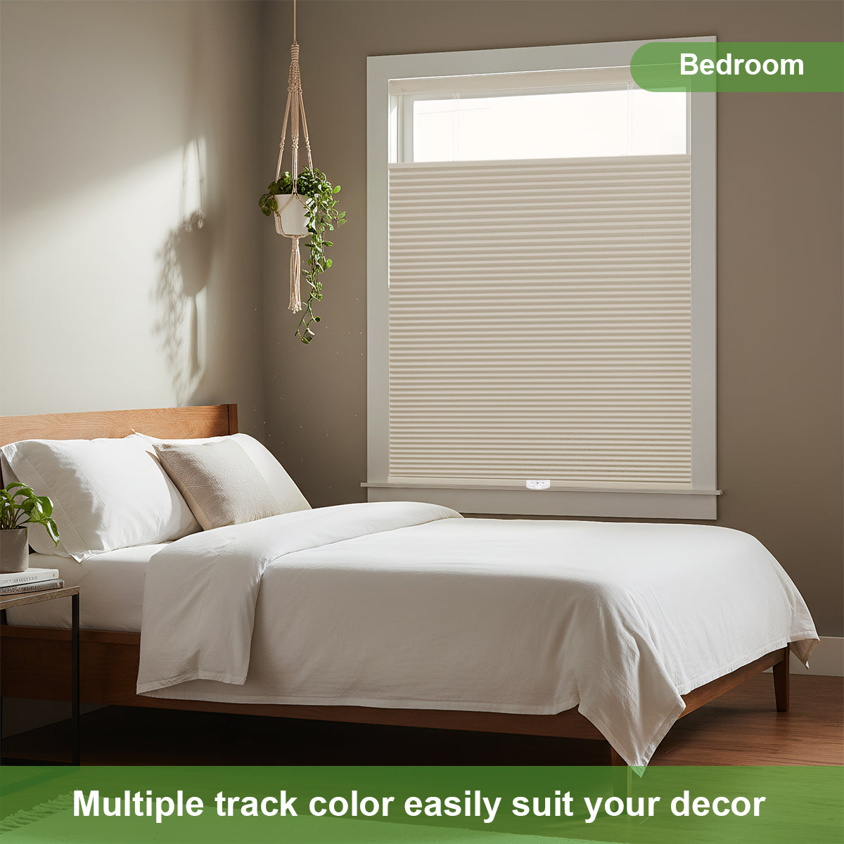 Bedroom with blackout top down bottom up honeycomb shades allowing natural light