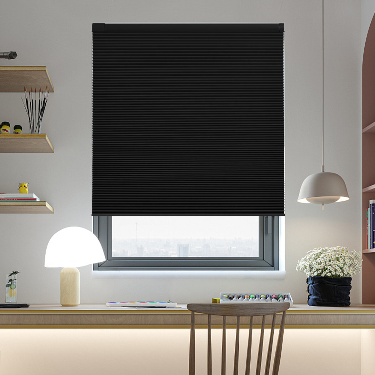 Black no drill cordless blackout cellular shades, custom size honeycomb blinds for home office windows
