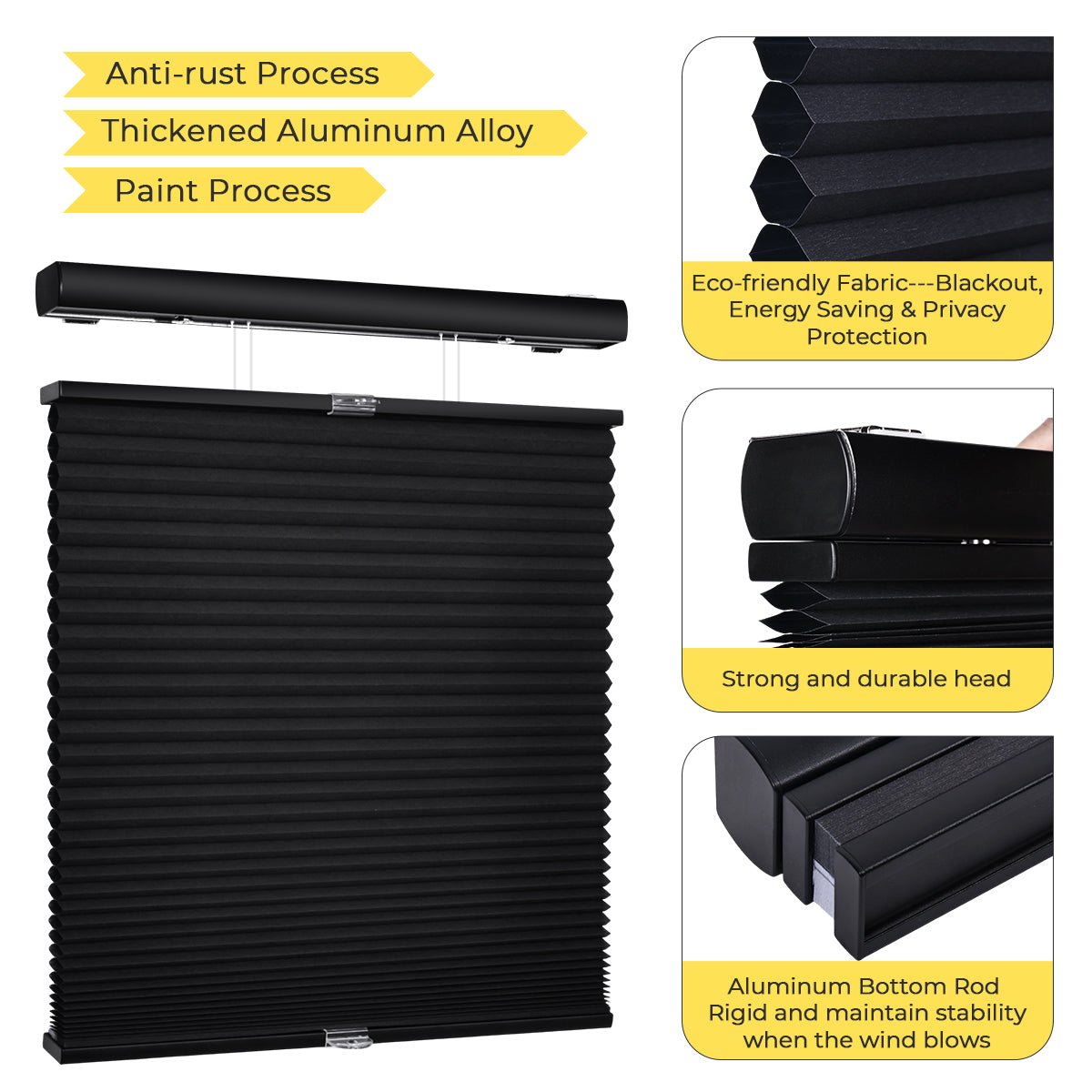 Blackout honeycomb shades with anti-rust aluminum alloy, eco-friendly fabric, and stable bottom rail