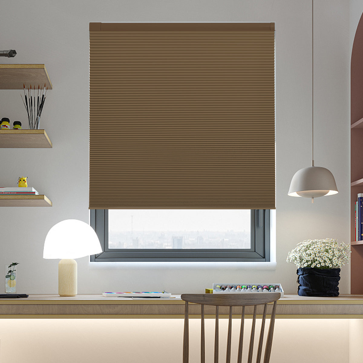 Brown no drill cordless blackout cellular shades, custom honeycomb blinds for office room windows