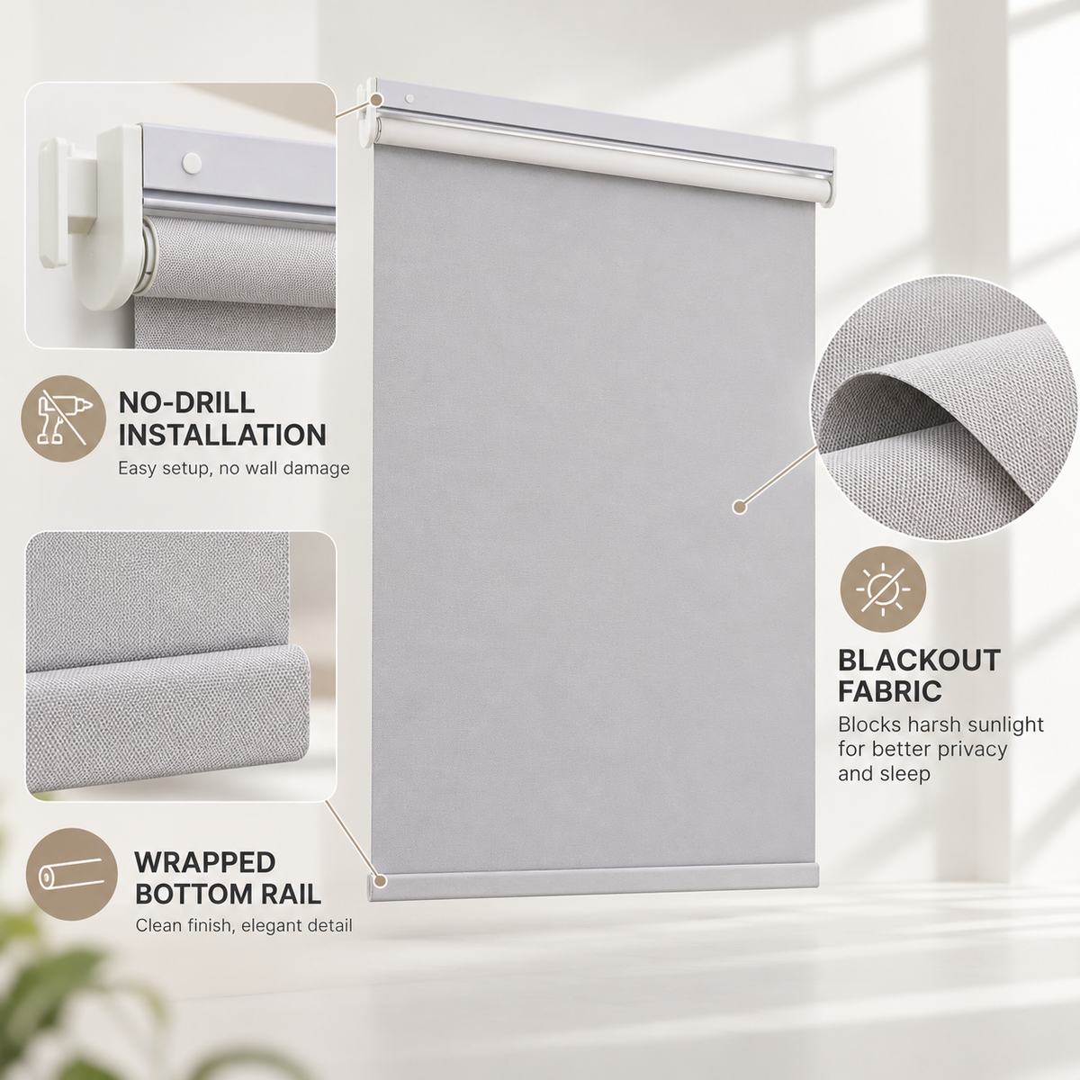 No-Drill Cordless Blackout Roller Shades – Fire-Retardant Custom Window Blinds