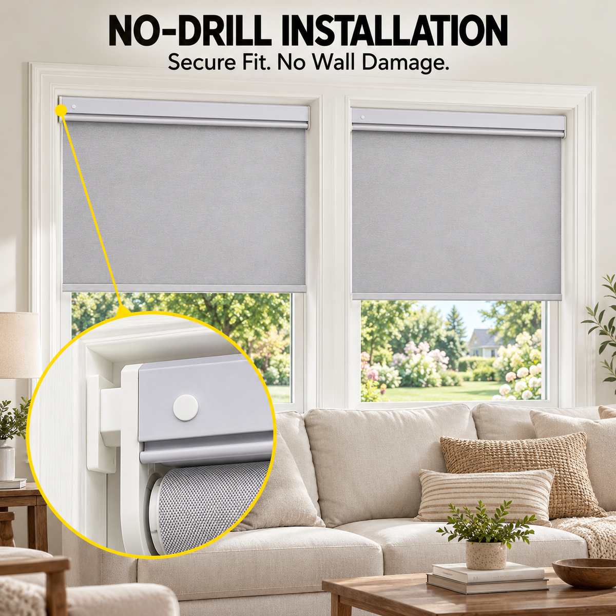 No-Drill Cordless Blackout Roller Shades – Fire-Retardant Custom Window Blinds