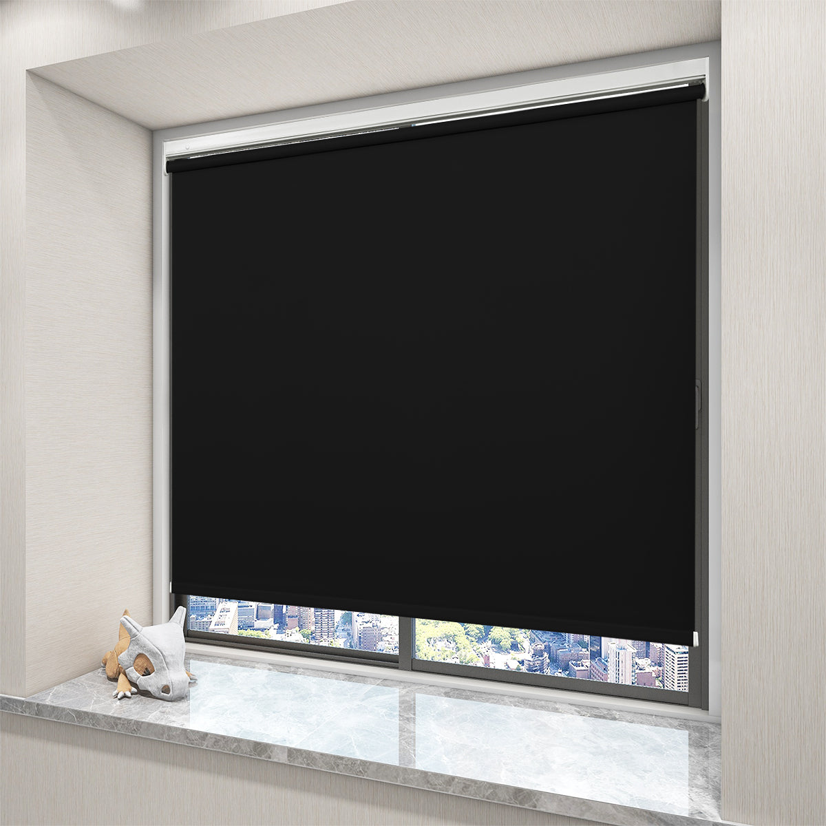 Cordless blackout roller shades for modern bedroom windows