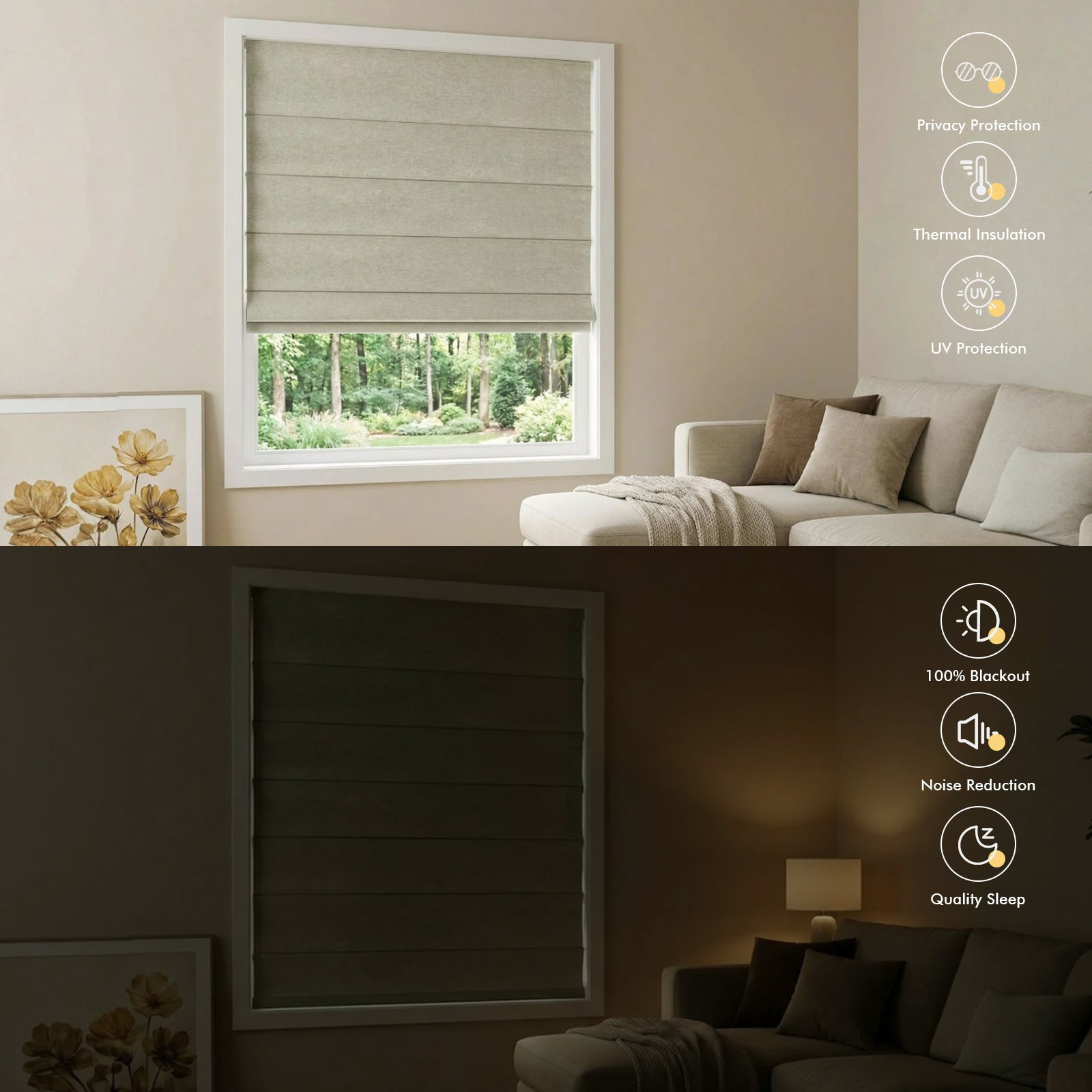 Blackout comparison of cordless Roman shades showing light blocking performance in a living room