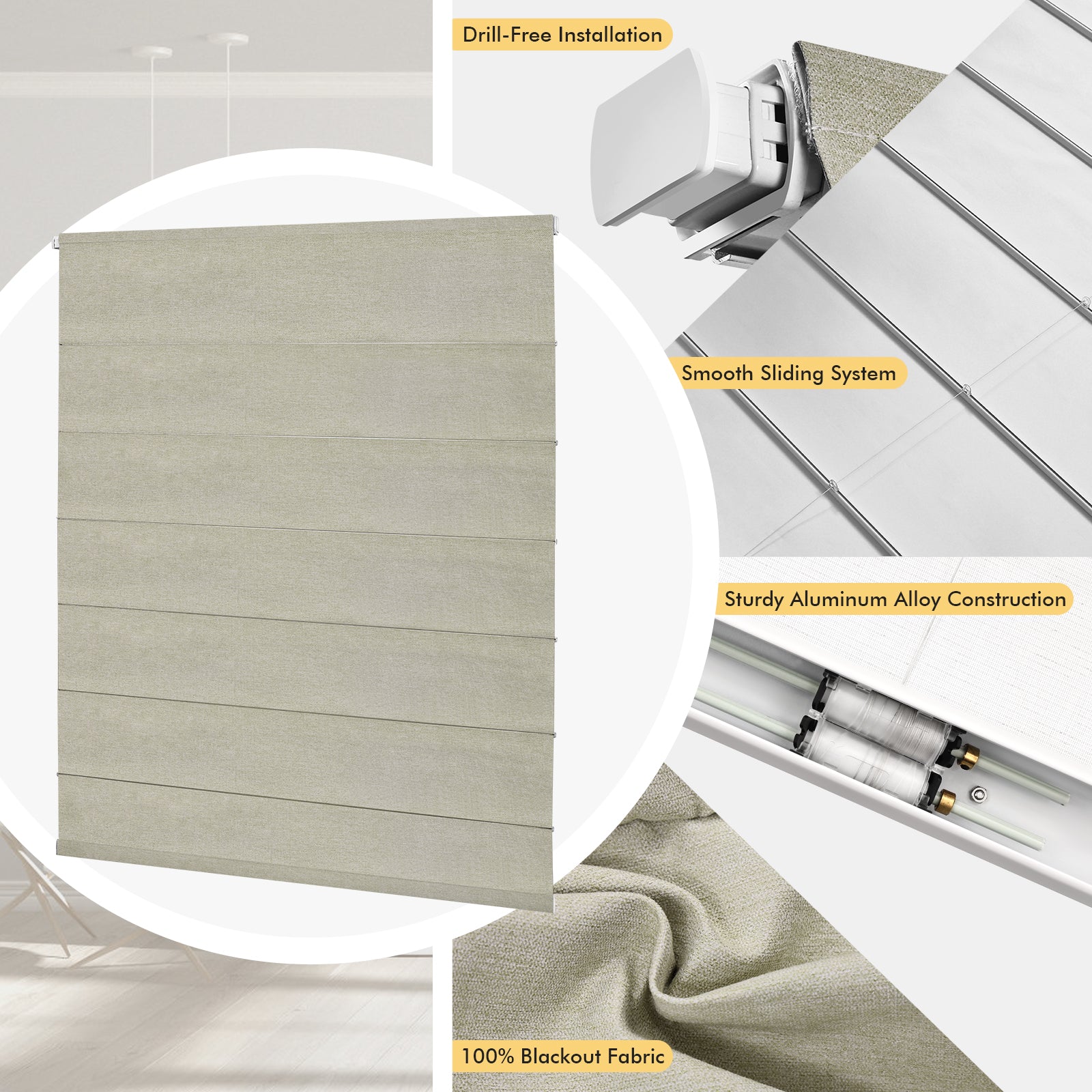 Close up details of cordless blackout Roman shades with premium fabric and no drill mounting system