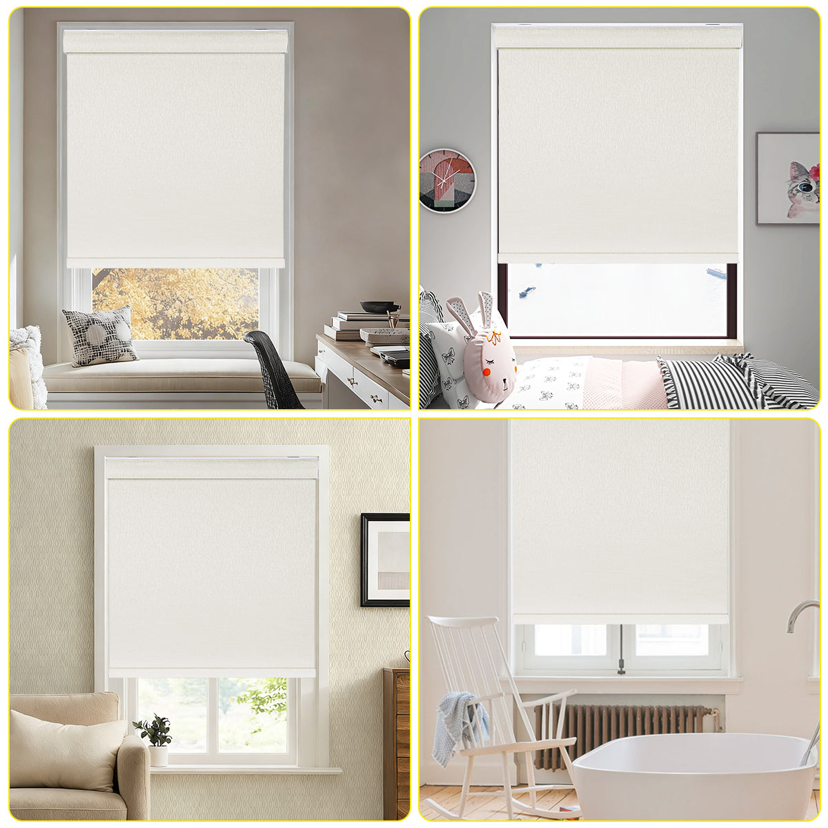 Custom cordless cassette blackout roller shades installed in different rooms, including living room, bedroom, and office, showing versatile light control and modern style.
